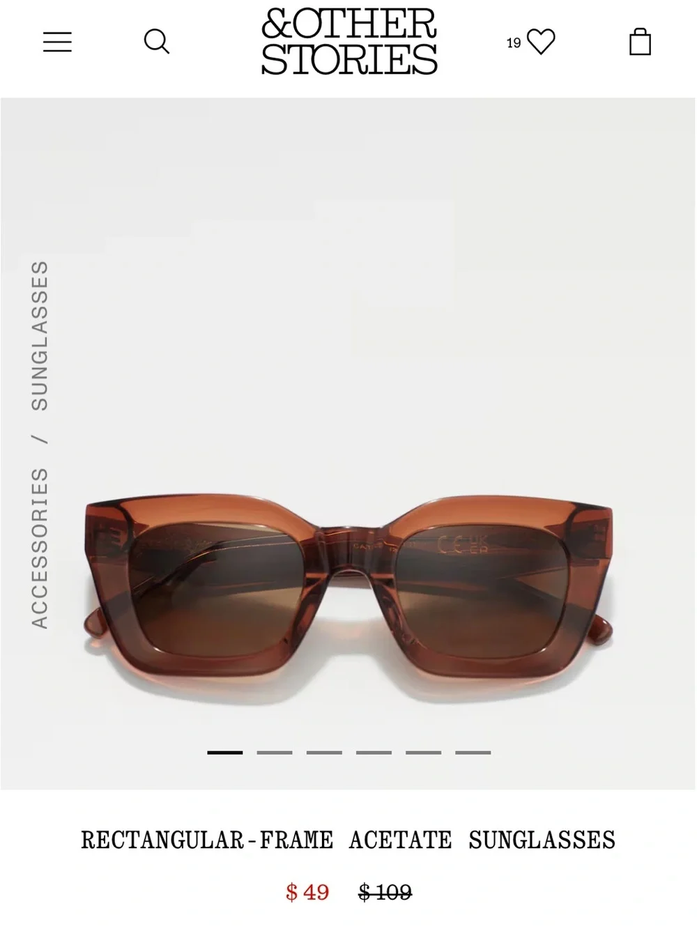 &OTHER STORIES RECTANGULAR-FRAME ACETATE SUNGLASSES - Brown. NWT